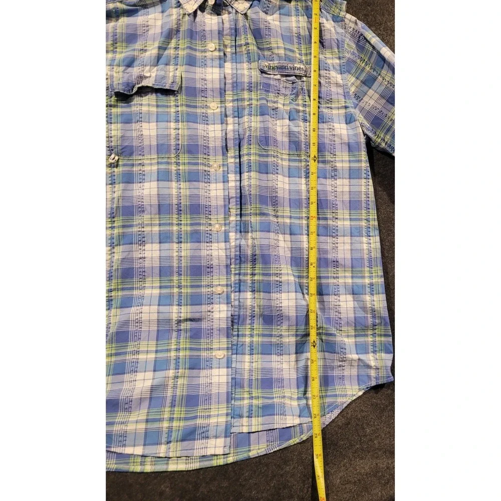 Vineyard Vines Harbor Shirt Mens M Performance Fishing Plaid Blue Green Vented